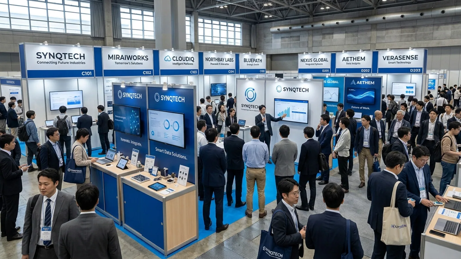大型BtoB展示会の会場イメージ画像(AI生成・実際の会場写真ではありません)