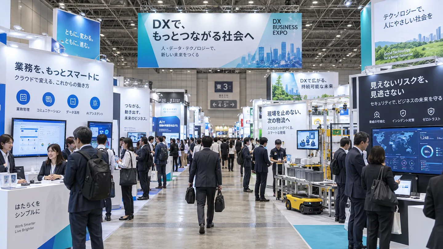企業のAI・DXソリューション展示のイメージCG。実際の出展内容・製品・会場配置の再現ではありません。イメージ画像（AI生成・実際の会場写真ではありません）
