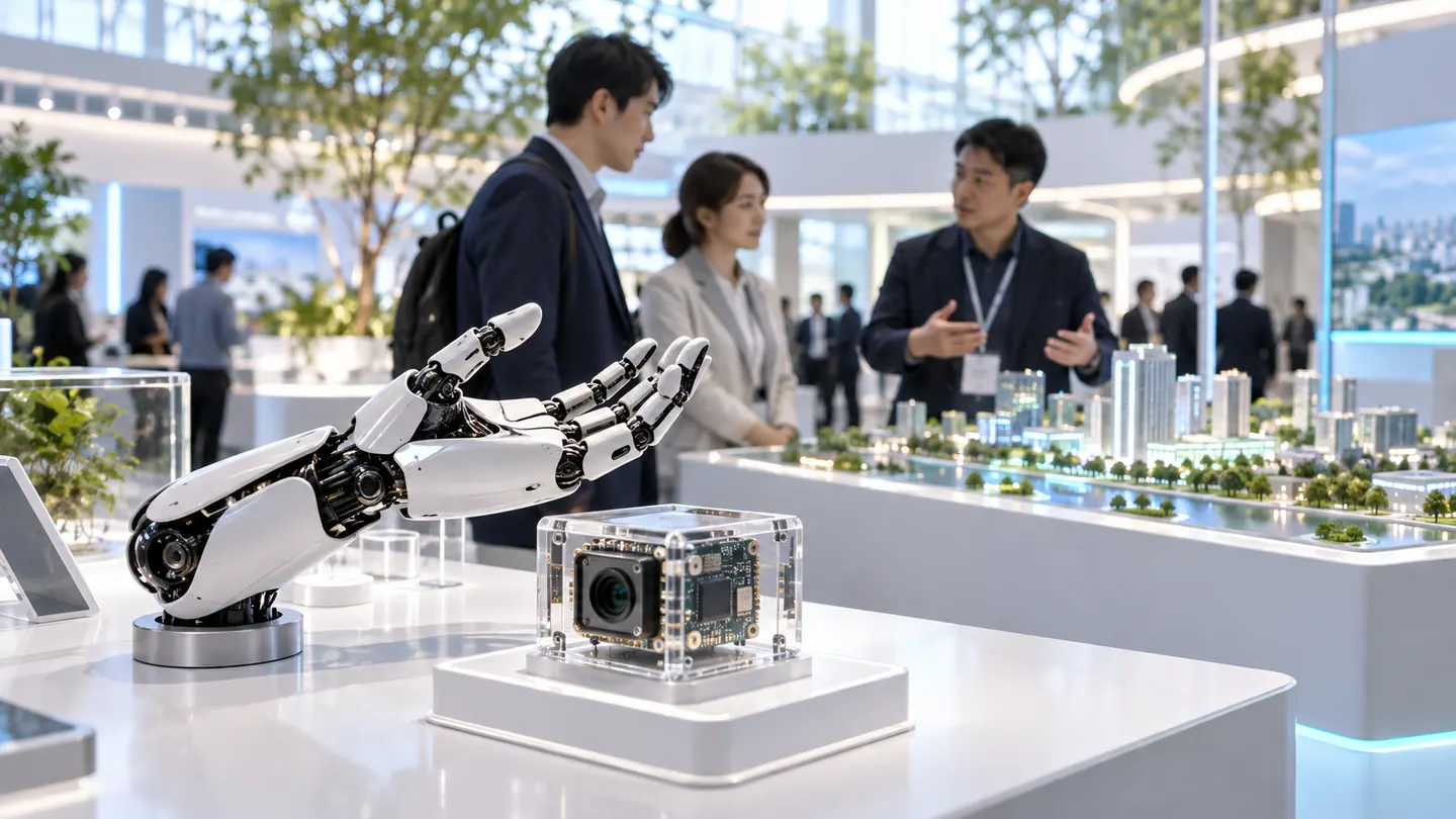 デジタル技術の共創・センサー・ロボティクスのCG。実際の出展内容・製品・会場配置の再現ではありません。イメージ画像（AI生成・実際の会場写真ではありません）