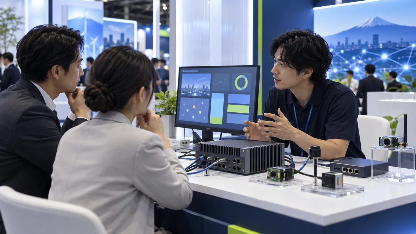 ITシステム・エッジ機器・IoTを題材にしたデモ商談のCG。実際の出展内容・製品・会場配置の再現ではありません。イメージ画像（AI生成・実際の会場写真ではありません）