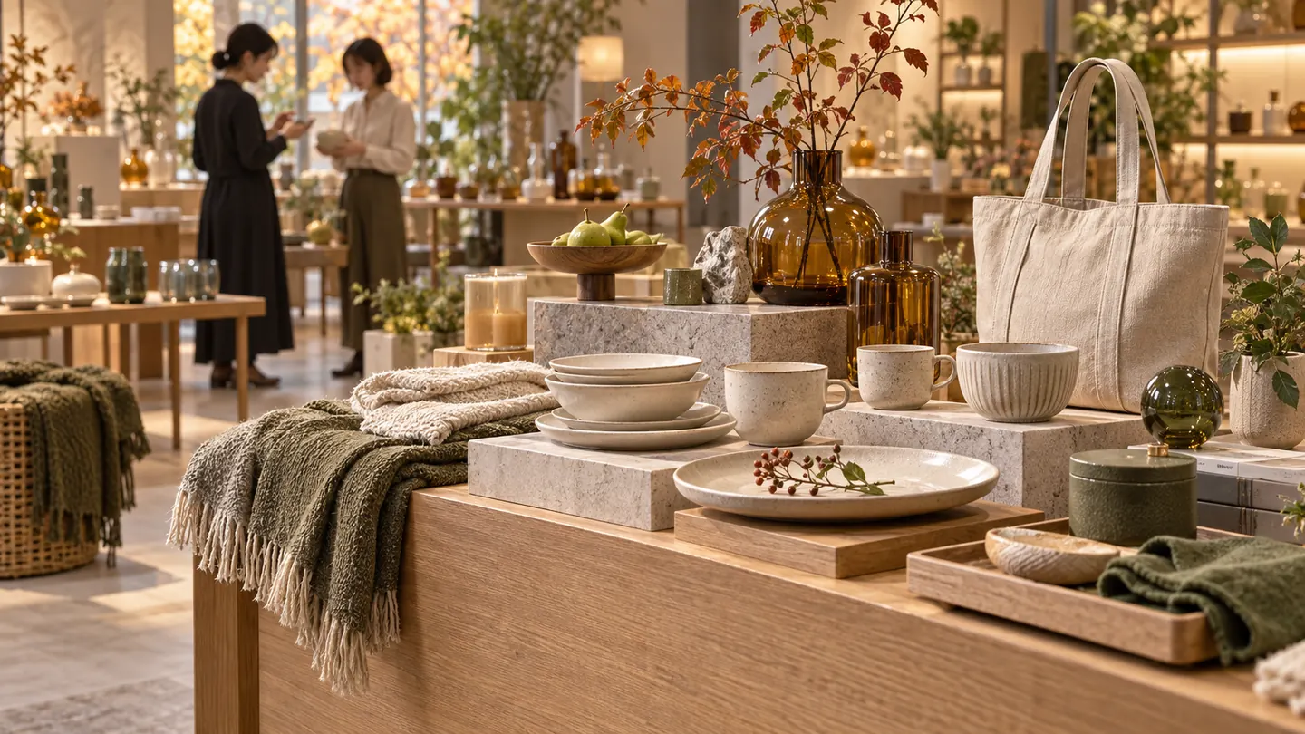 生活雑貨・テキスタイル・食器の展示商談のCG。実際の出展内容・製品・会場配置の再現ではありません。イメージ画像（AI生成・実際の会場写真ではありません）