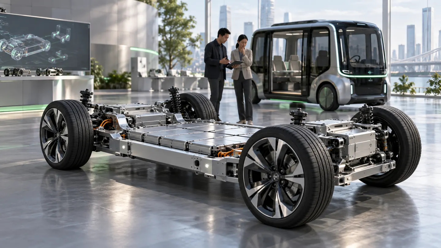 モビリティ分野の車両構造・電動化を題材にした商談のCG。実際の出展内容・製品・会場配置の再現ではありません。イメージ画像（AI生成・実際の会場写真ではありません）