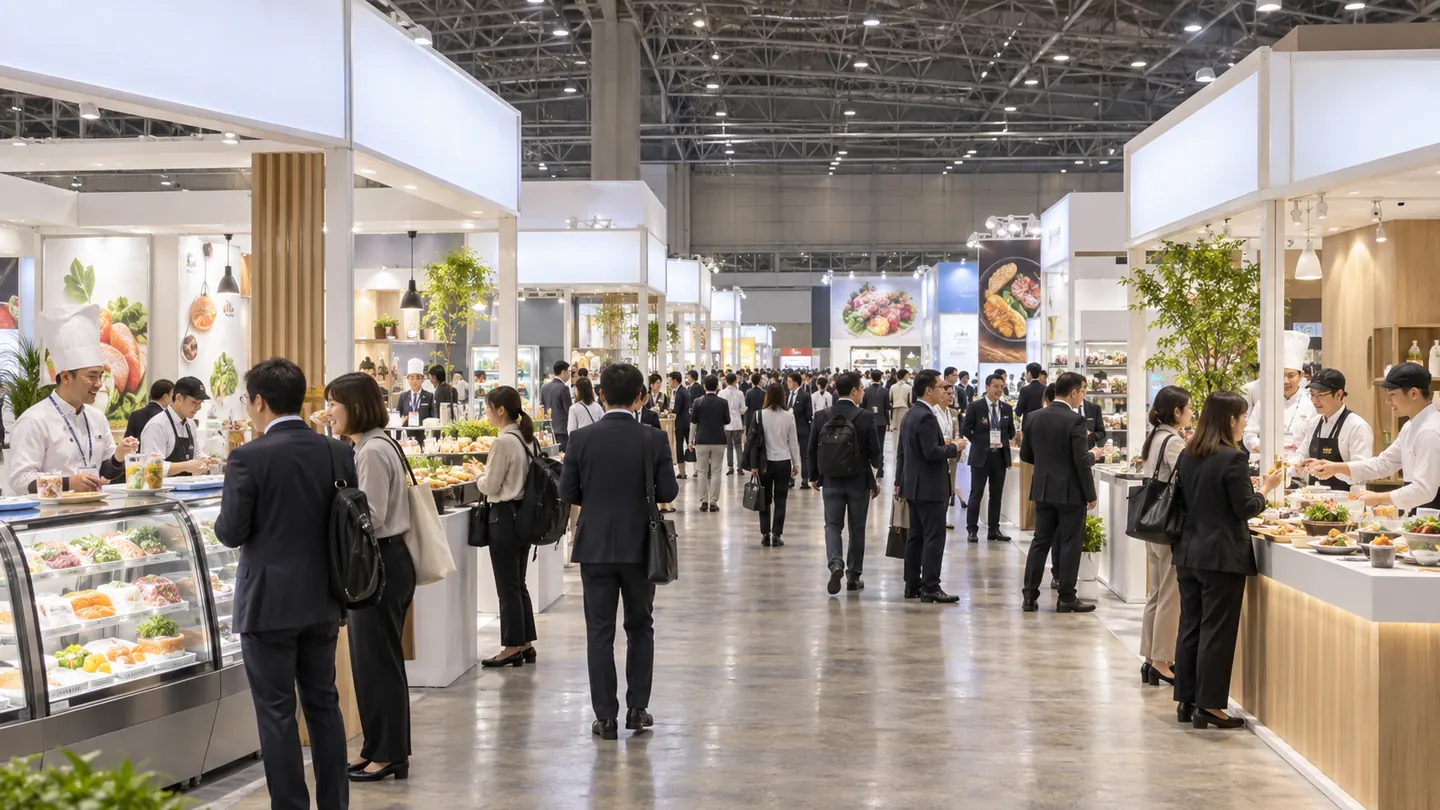 展示ホールの広い通路の両側に食品のブース（冷蔵ケース・試食カウンター）が並び、来場者が行き交う会場風景のCG。実際の出展内容・会場配置の再現ではありません。イメージ画像（AI生成・実際の会場写真ではありません）